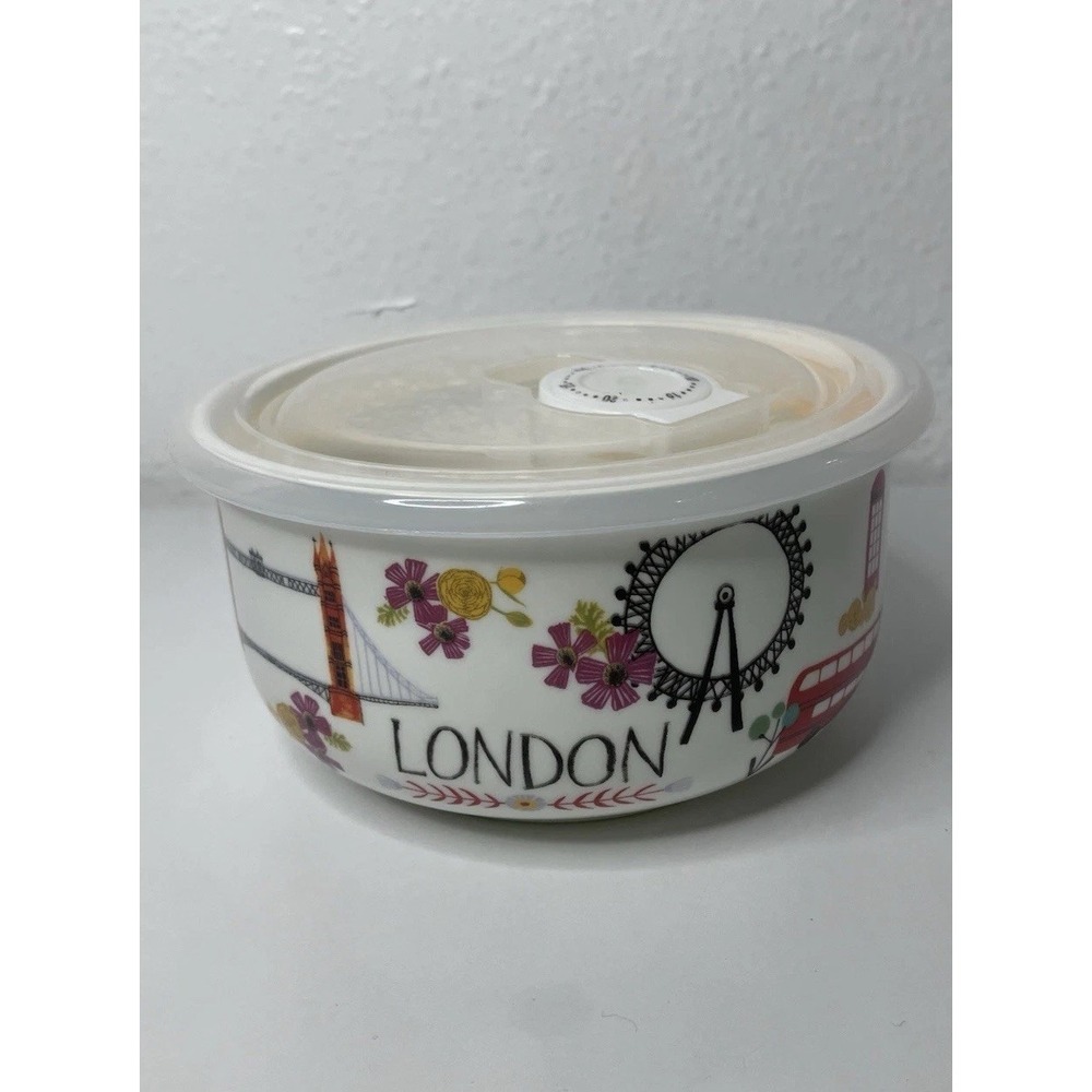 Grace Pantry London England Theme Ceramic Food Storage Bowl Lid Dial Vent 5 Inch